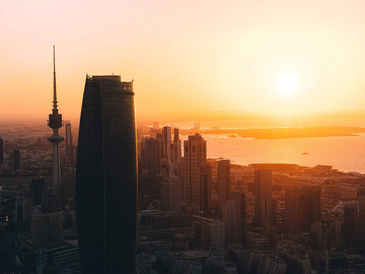 Bird eye view of Kuwait City skyline at dusk